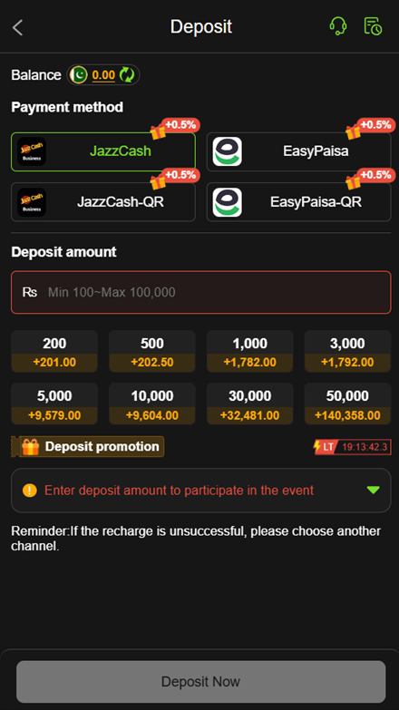 XD777 deposit screen showing JazzCash and EasyPaisa channels and eight amount tiles with bonus values