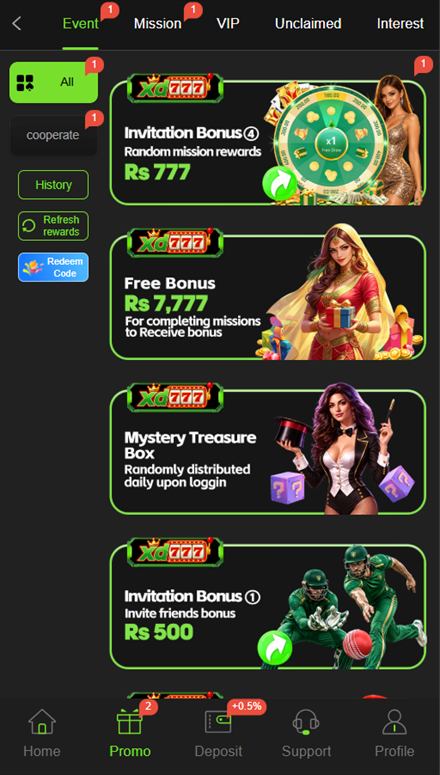 XD777 Promo tab listing the Rs 7,777 free bonus, Rs 777 invitation bonus and mystery treasure box