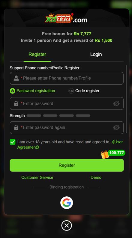 XD777 registration panel with phone number, password fields and the 18+ agreement checkbox