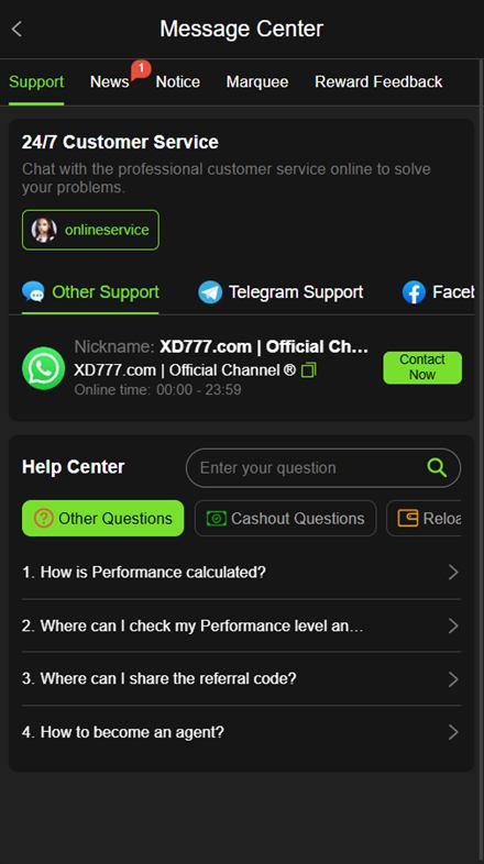 XD777 Message Center showing 24/7 customer service, Telegram and Facebook support channels